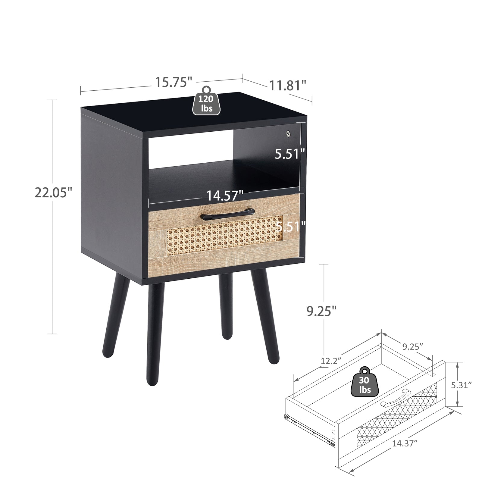 Black and wooden nightstand with dimensions and weight label on a white background