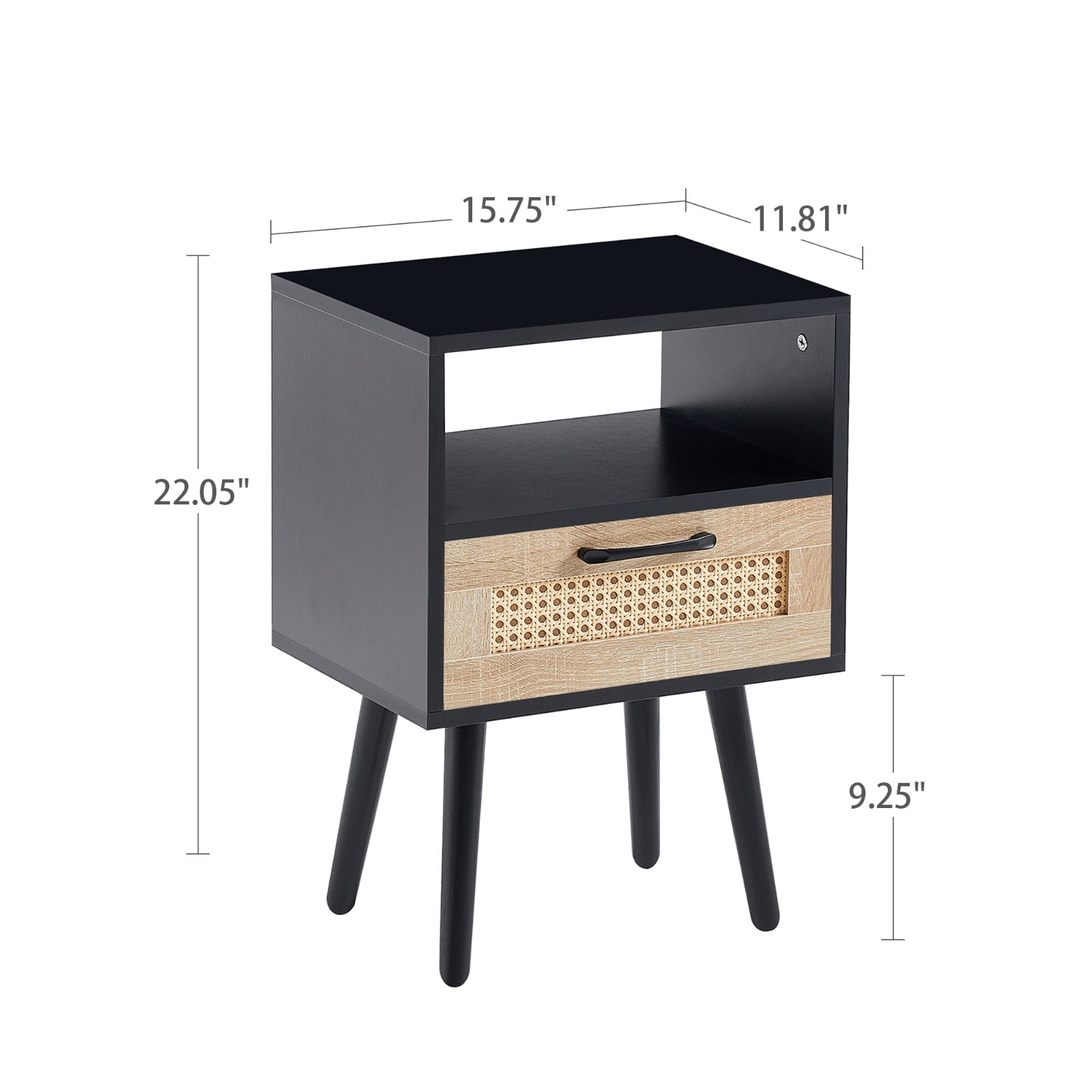 Black nightstand with dimensions on a white background