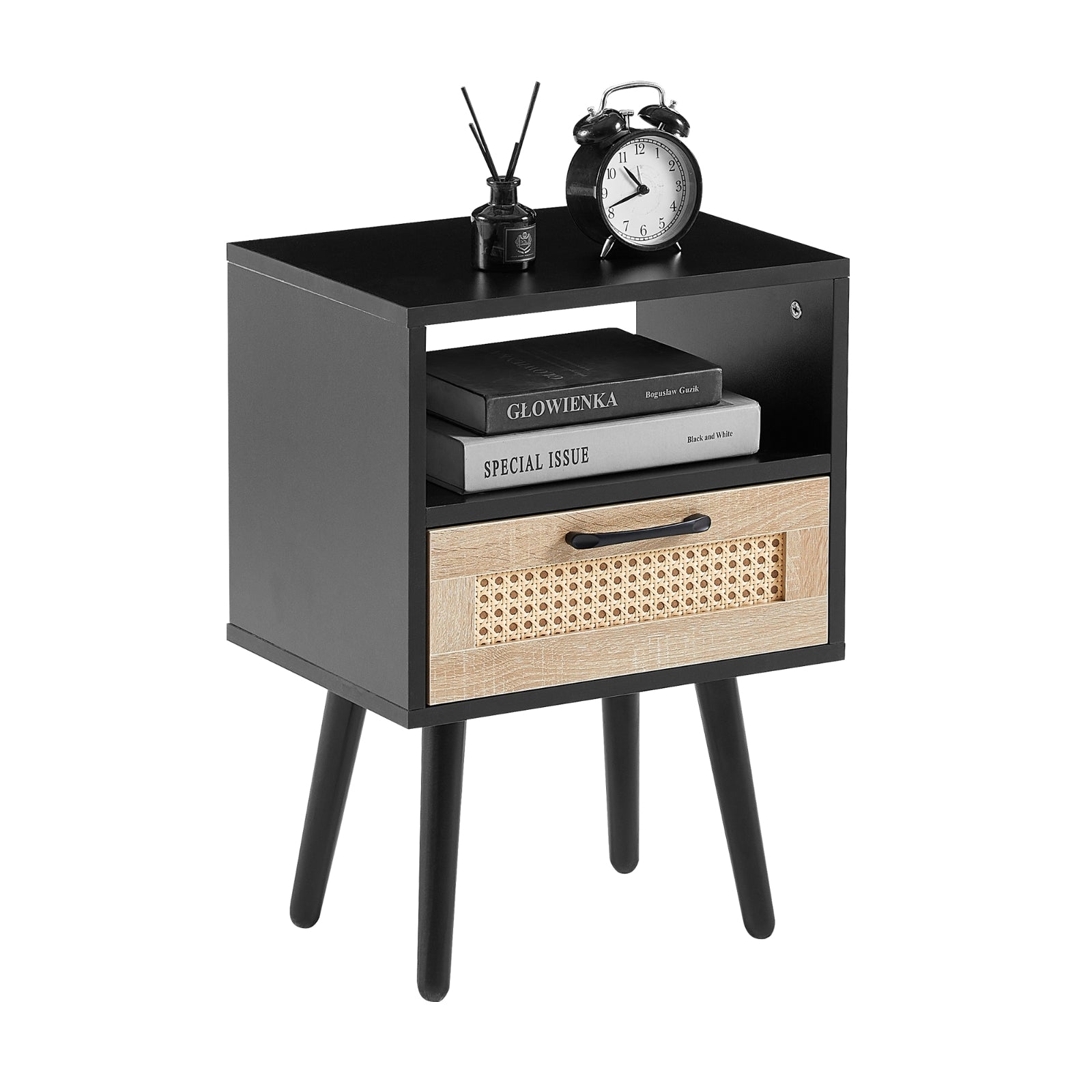 Black and wooden nightstand with books and an alarm clock on a white background