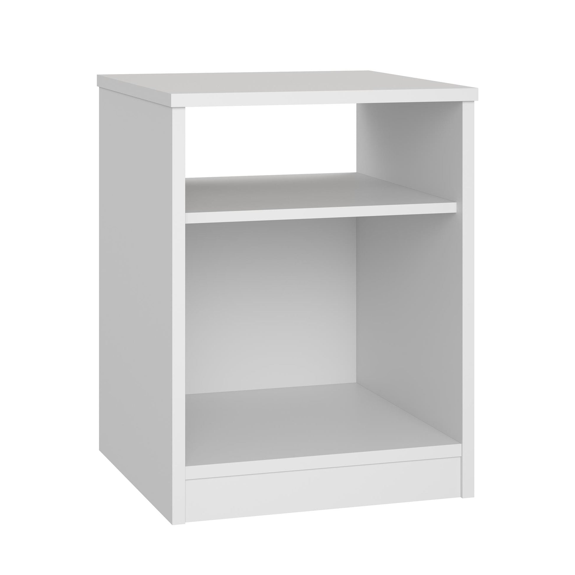 White bookshelf with two shelves on a white background