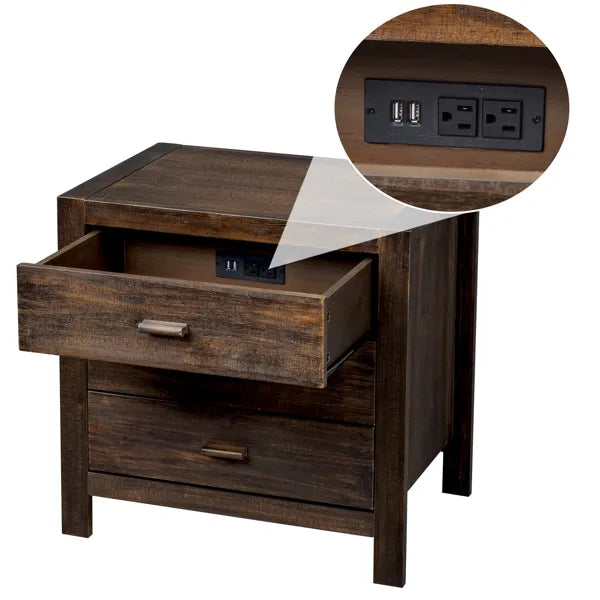 Wooden nightstand with open drawer and power outlet details on a white background