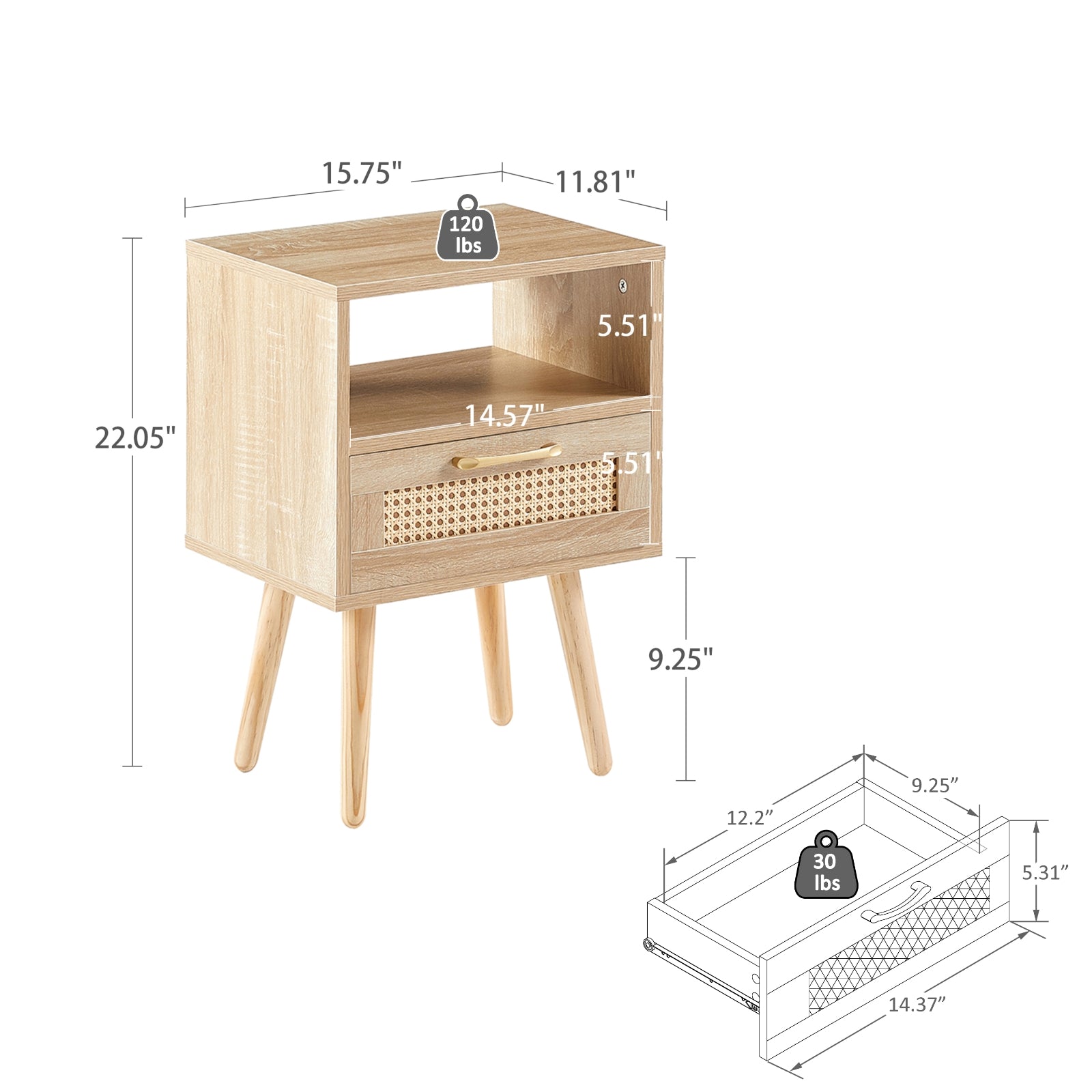 Wooden nightstand with dimensions and weight label on a white background