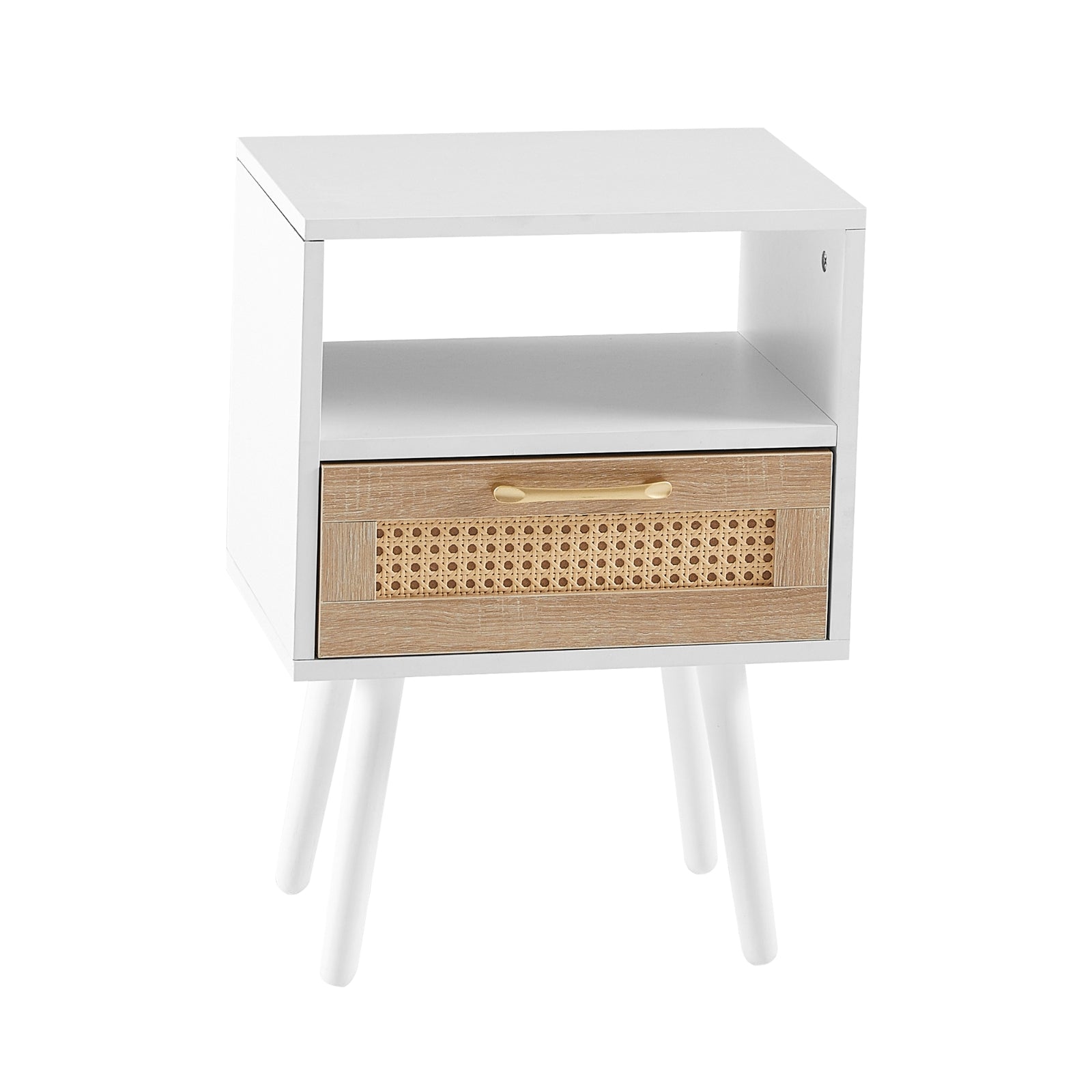 White nightstand with a wooden drawer on a white background