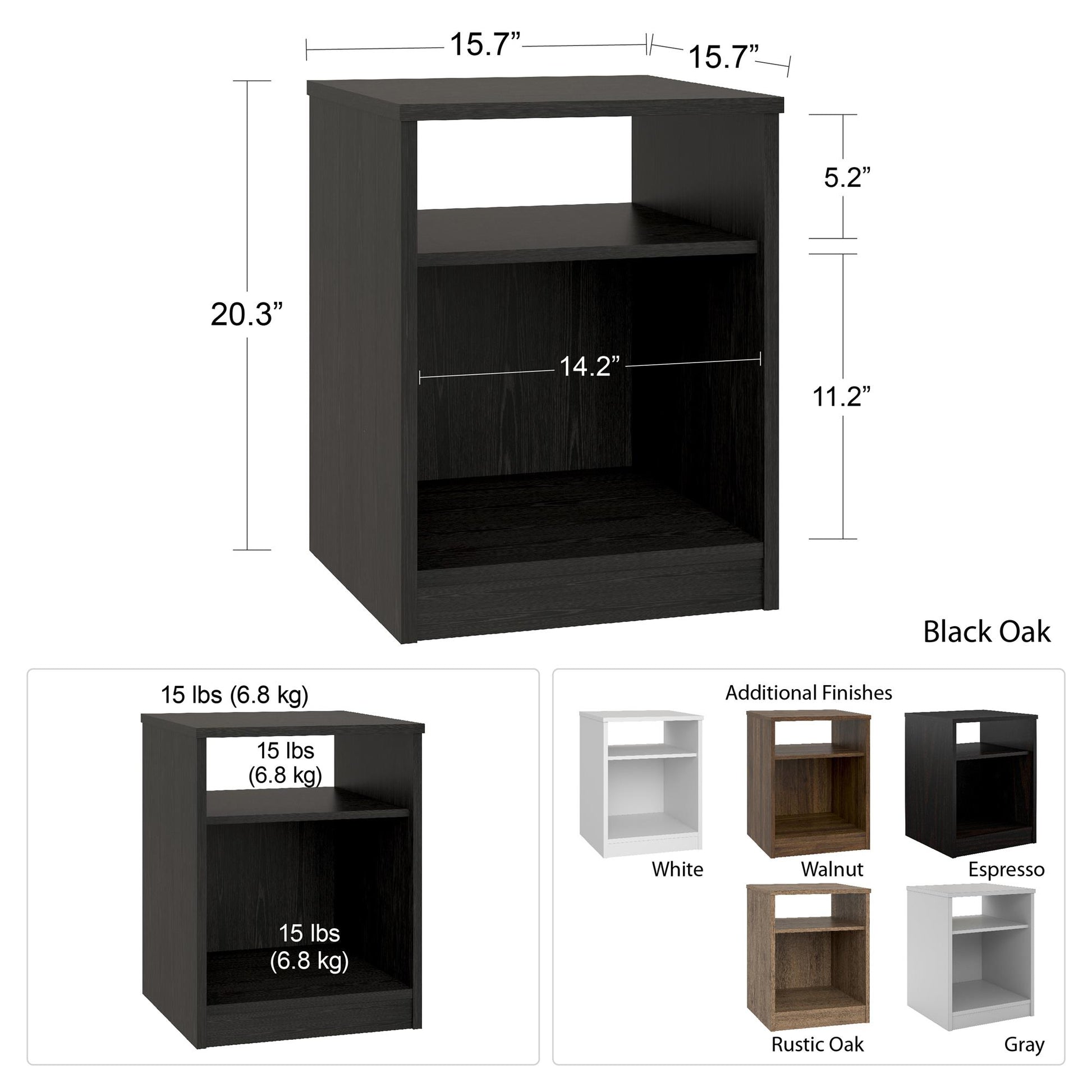 Black oak bookshelf with dimensions and weight label, additional finishes shown below.