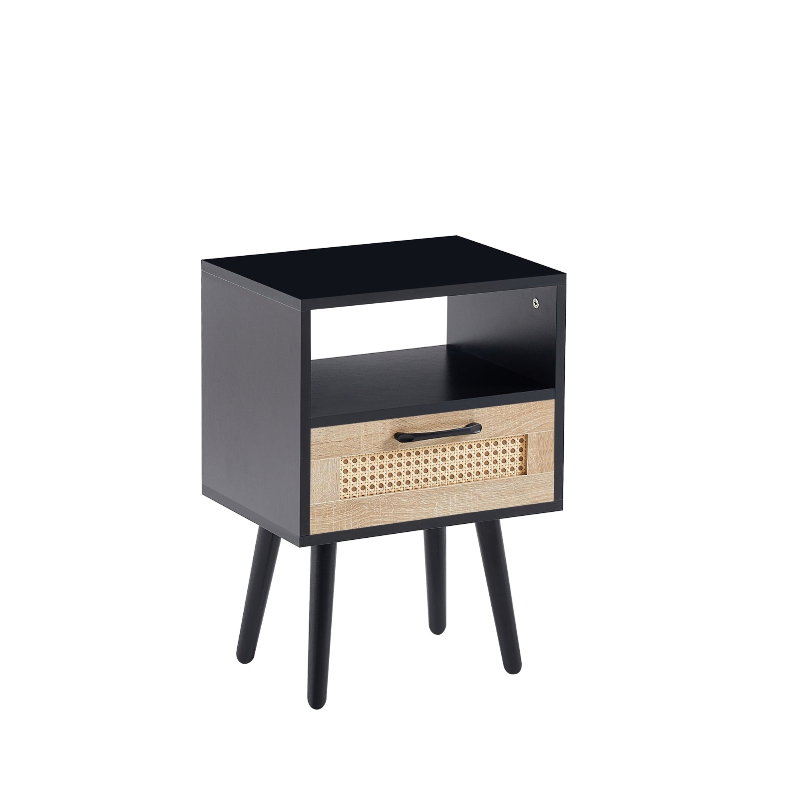 Black and wooden side table with a drawer on a white background