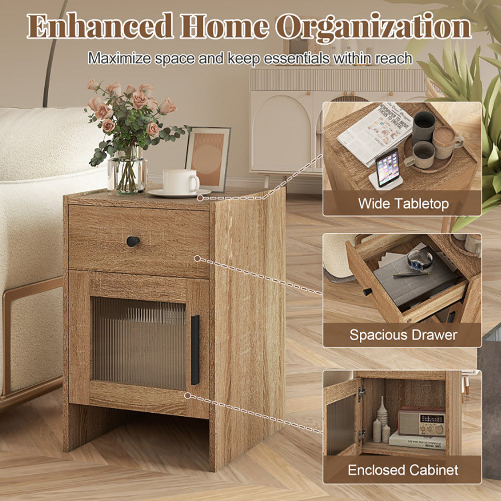 Wooden side table with features highlighted, including a wide tabletop, spacious drawer, and enclosed cabinet.