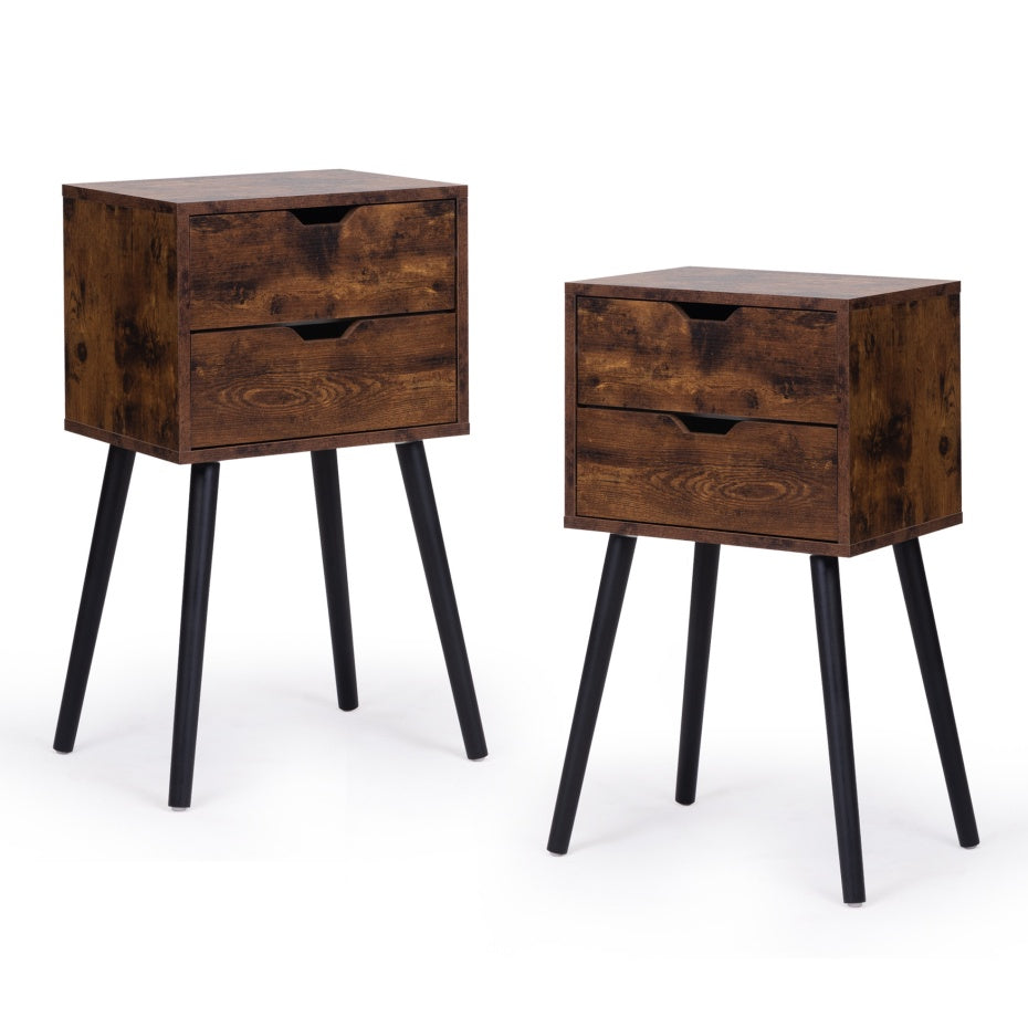 Two wooden nightstands with black legs on a white background