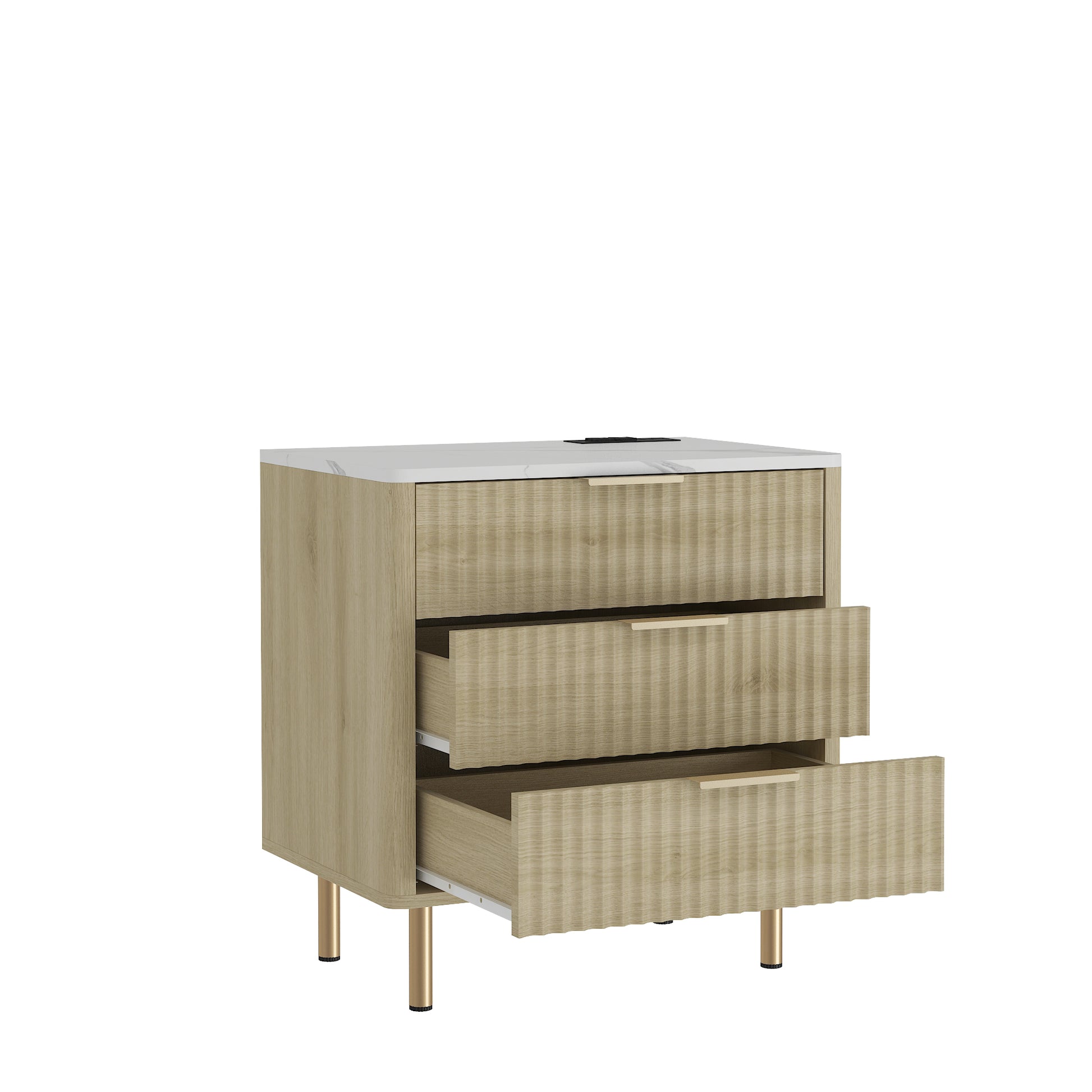 Beige woven nightstand with open drawer on a white background