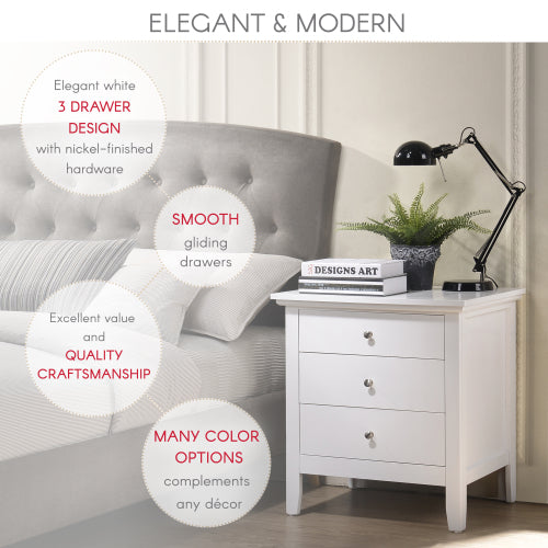 White nightstand with three drawers next to a bed, featuring text on product features.