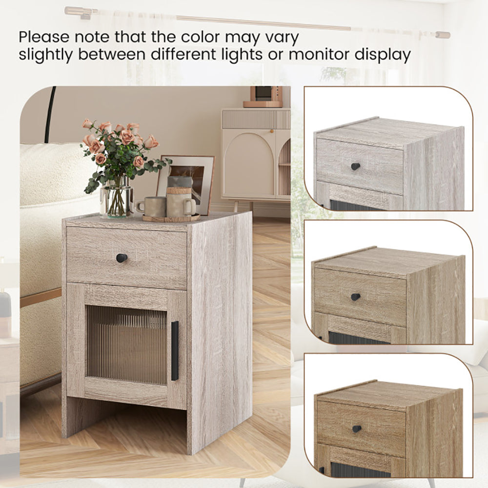 Wooden nightstand with floral arrangement and decor items, shown from different angles.