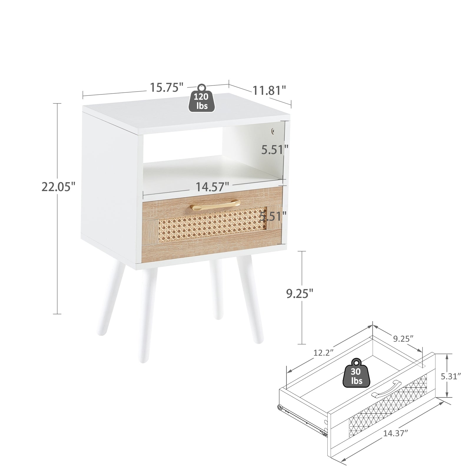 White nightstand with dimensions and weight label on a white background