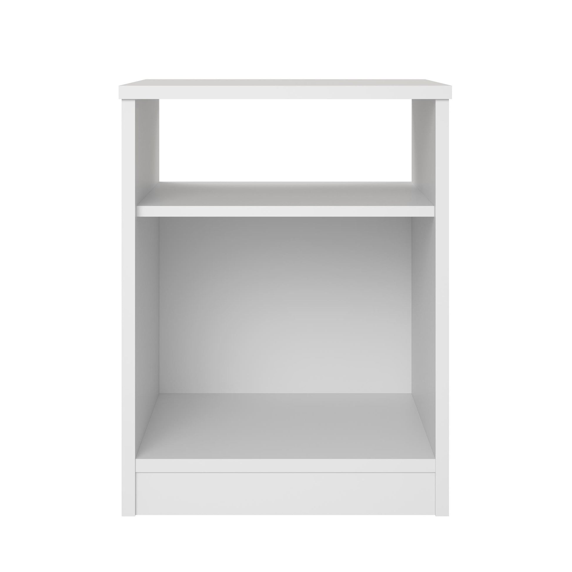 White bookshelf with two shelves on a white background
