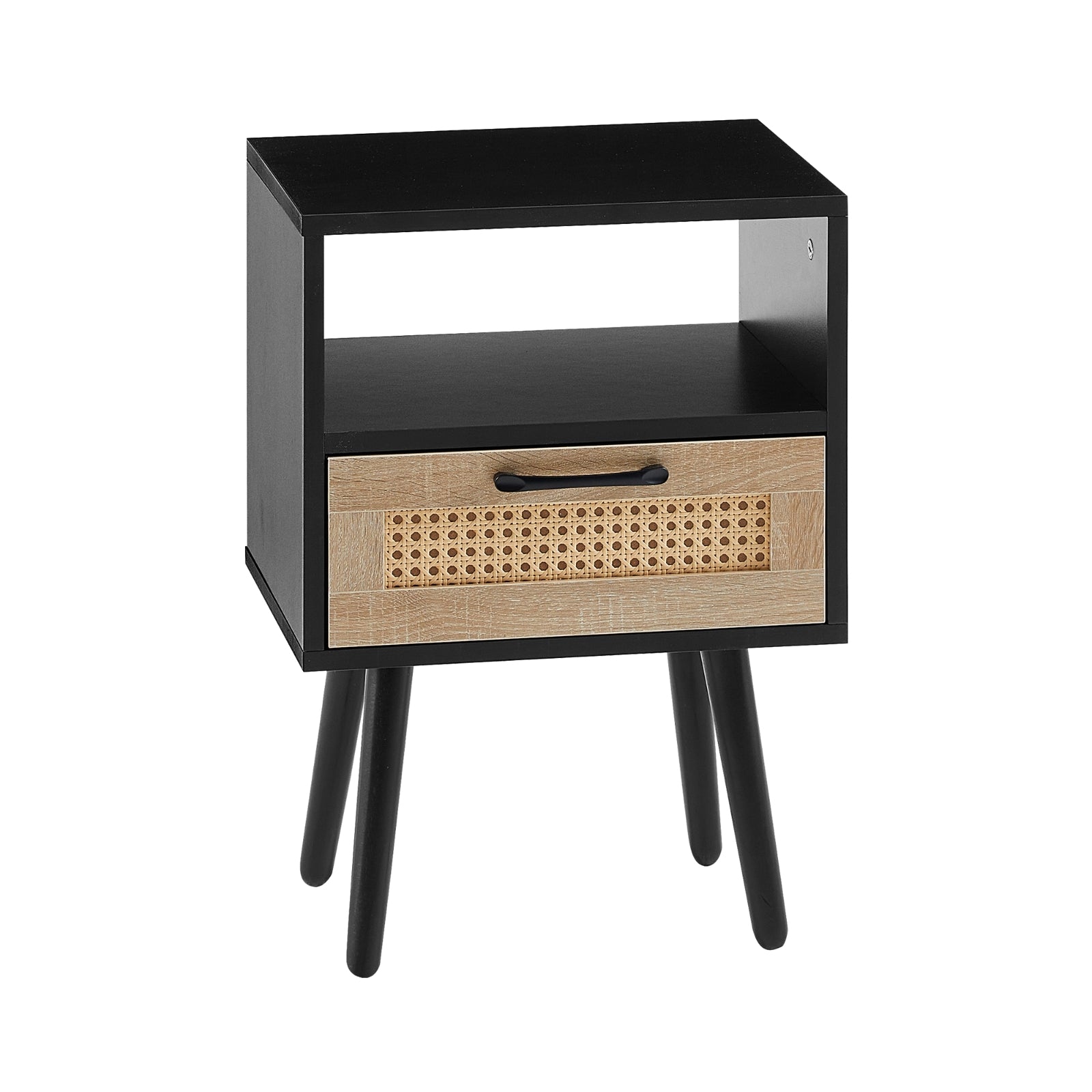 Black nightstand with a wooden drawer on a white background