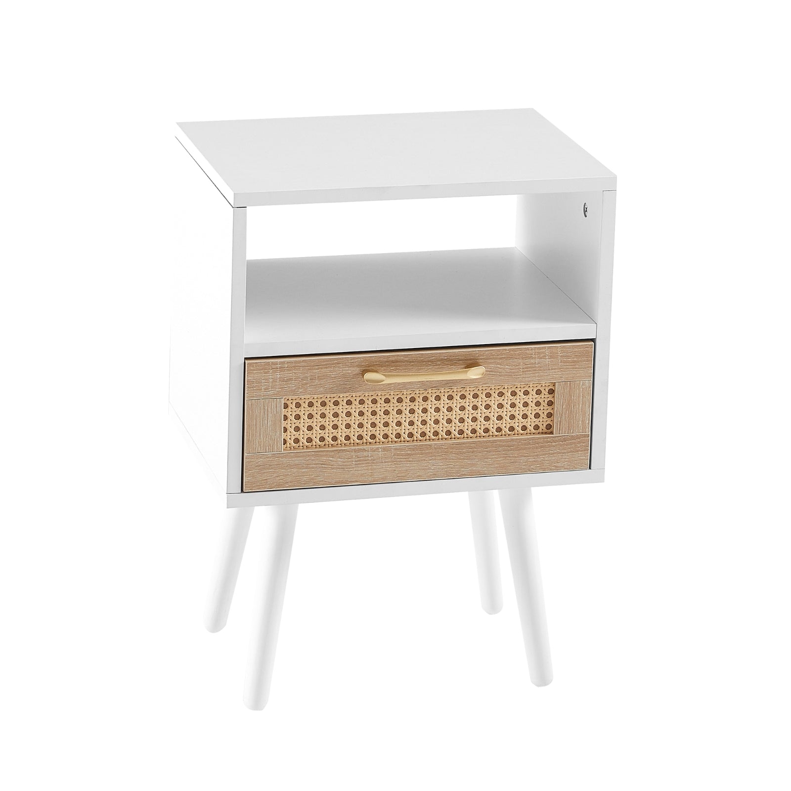 White nightstand with a wooden drawer on a white background