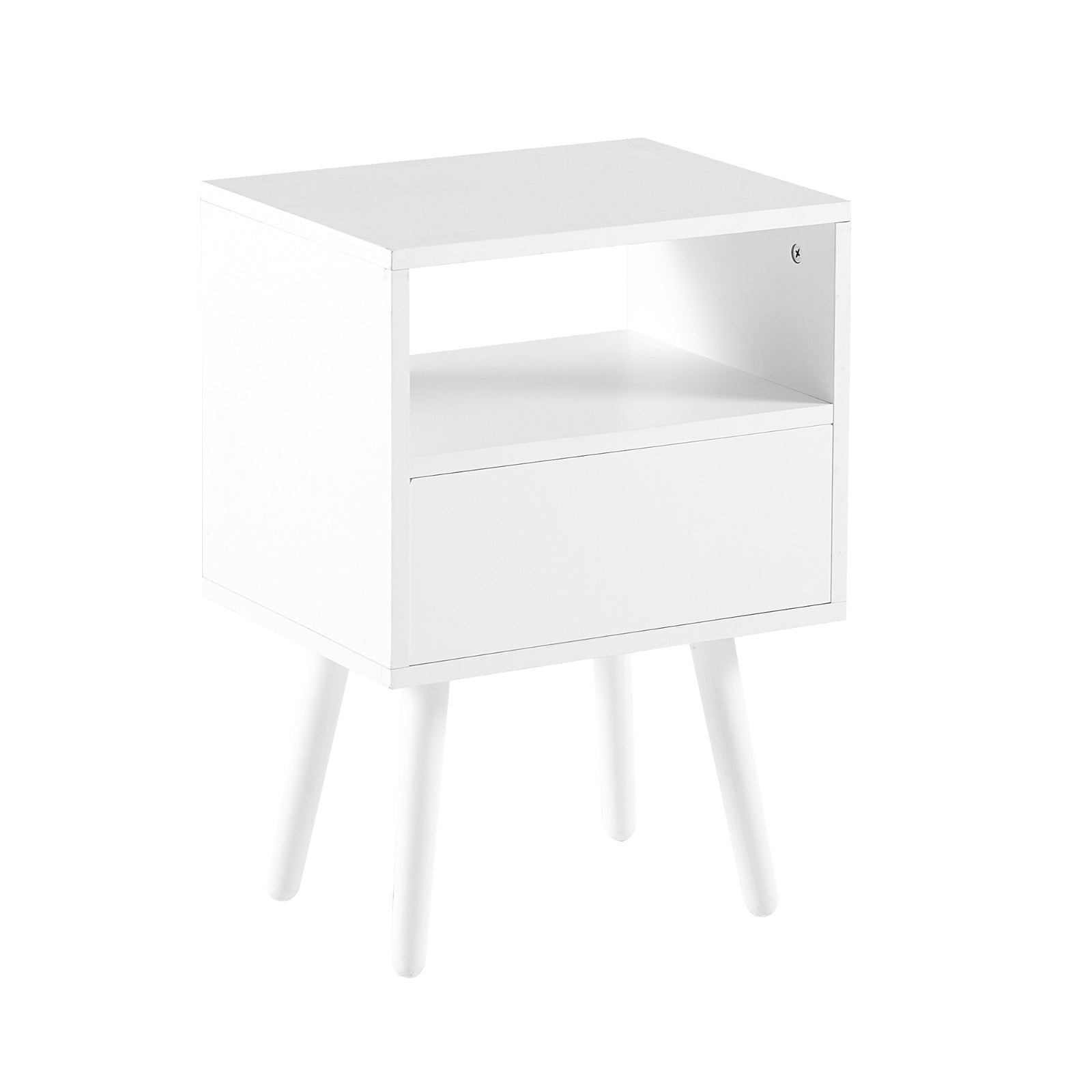 White nightstand with a drawer on a white background