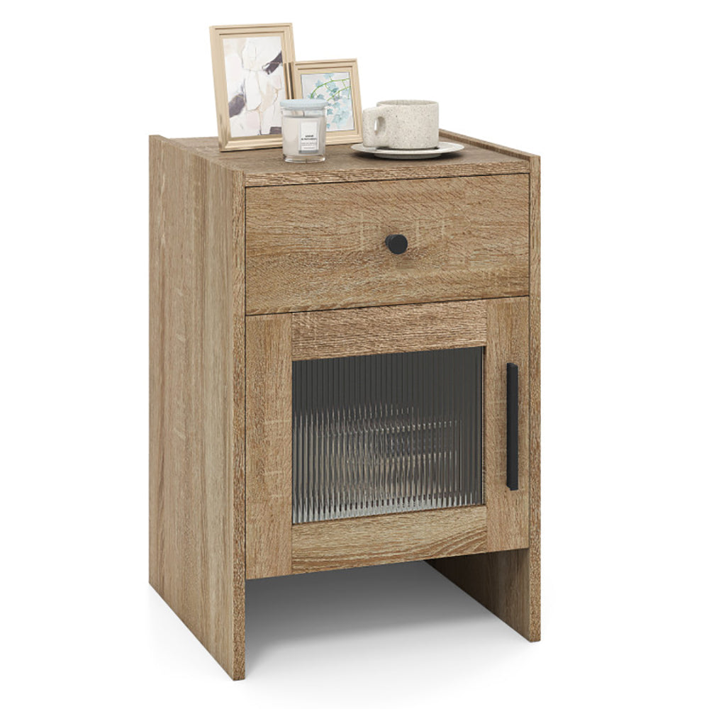Wooden nightstand with a drawer and glass cabinet on a white background