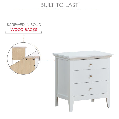 White nightstand with three drawers, solid wood back feature highlighted, on a white background.