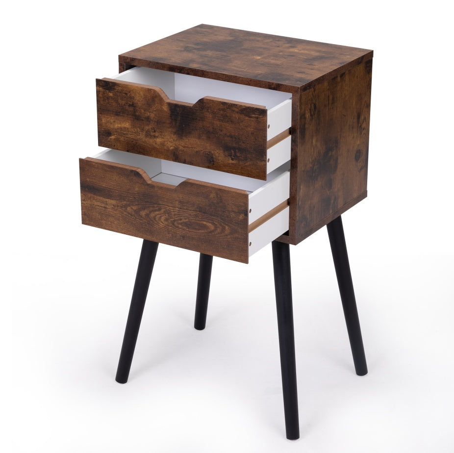 Wooden side table with two drawers on a white background