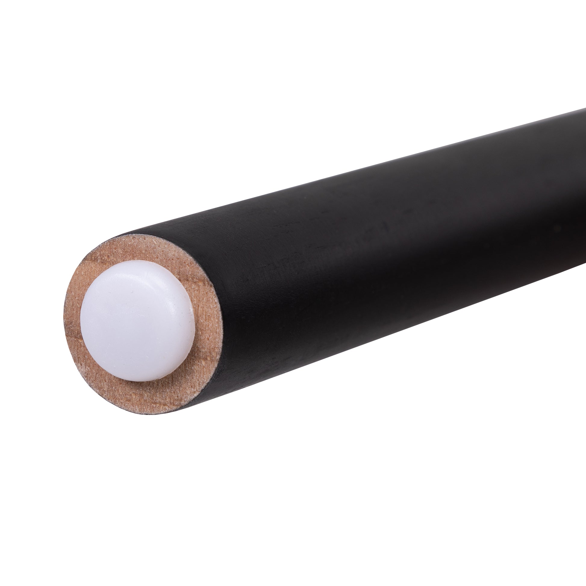 Black cylindrical object with a white sphere and brown rim on a white background