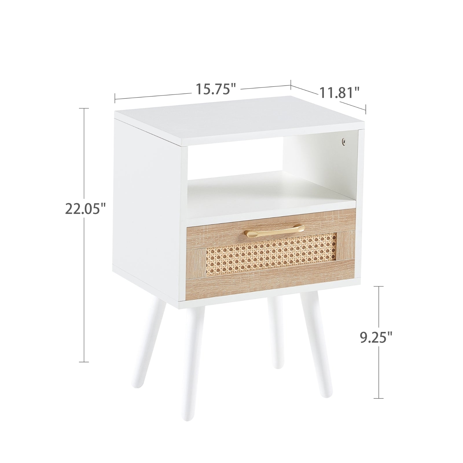 White nightstand with rattan drawer dimensions shown