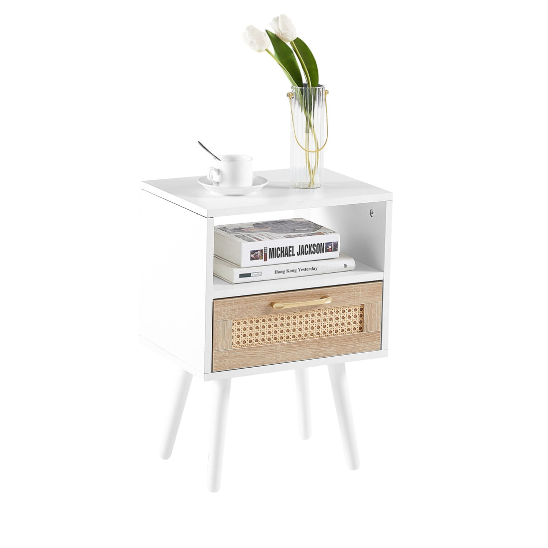 White nightstand with wooden drawer next to a bed in a room with a cityscape view.