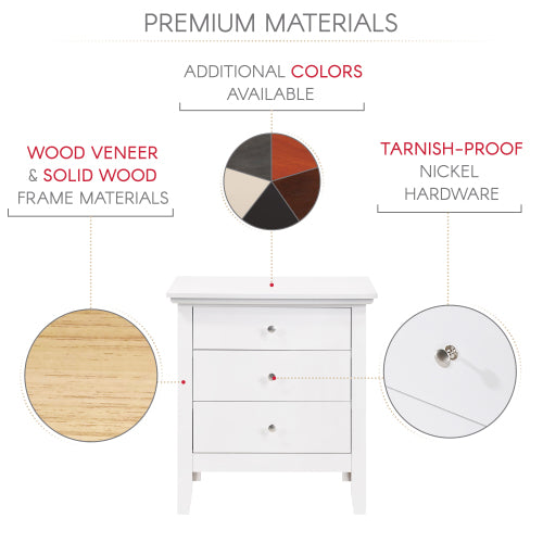 White dresser with wood veneer and solid wood frame materials, tarnish-proof nickel hardware, and color swatches on a white background.