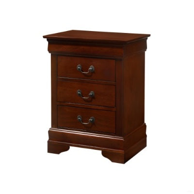 Wooden nightstand with three drawers on a white background