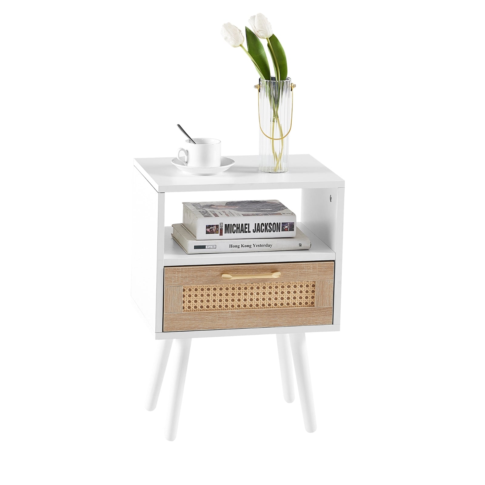 White nightstand with a wooden drawer, books, and a vase of flowers on a white background