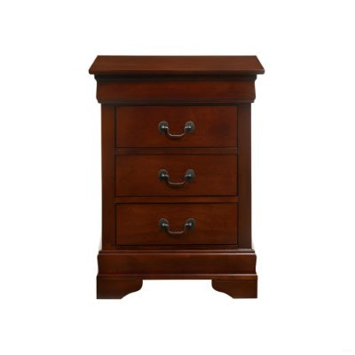 Wooden nightstand with three drawers on a white background