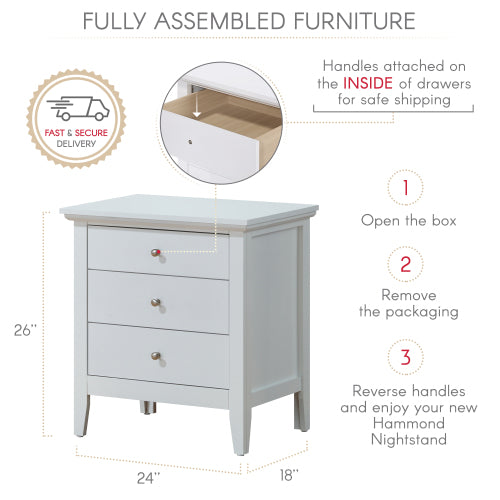 White nightstand with dimensions and assembly instructions on a white background