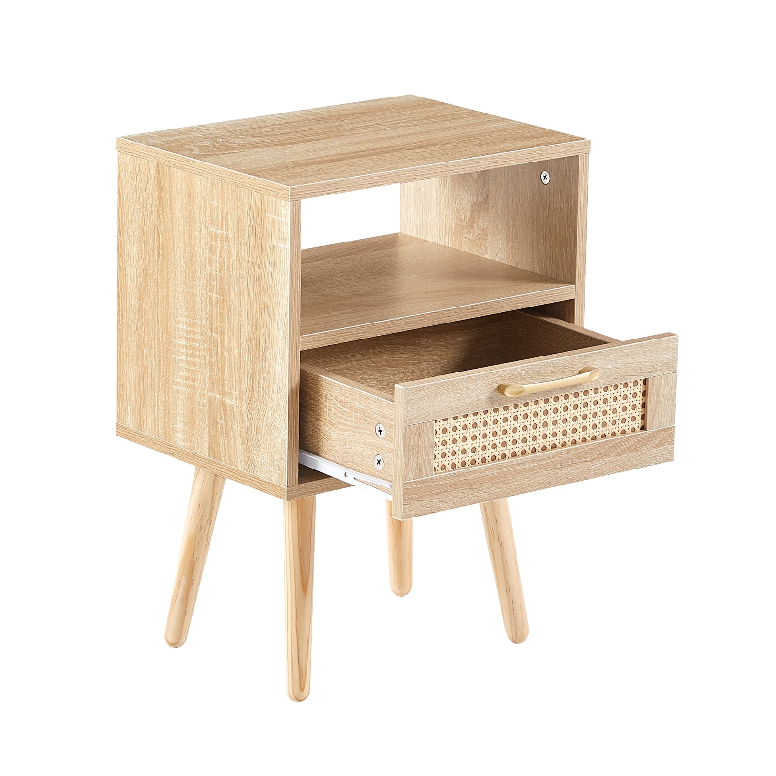 Wooden side table with a drawer on a white background