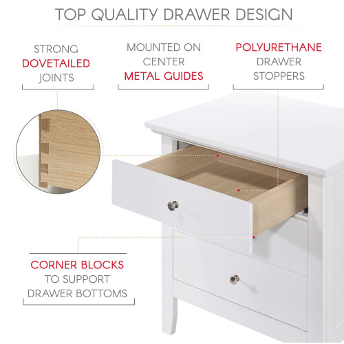 White dresser with open drawer highlighting quality features on a white background