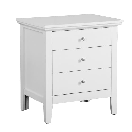 White three-drawer nightstand on a white background