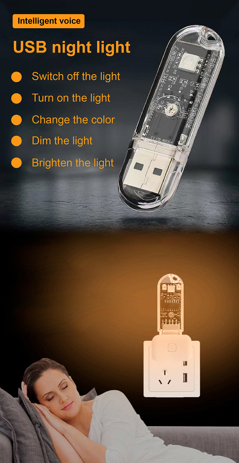 USB night light with switch on a dark background, showing its functions and usage.
