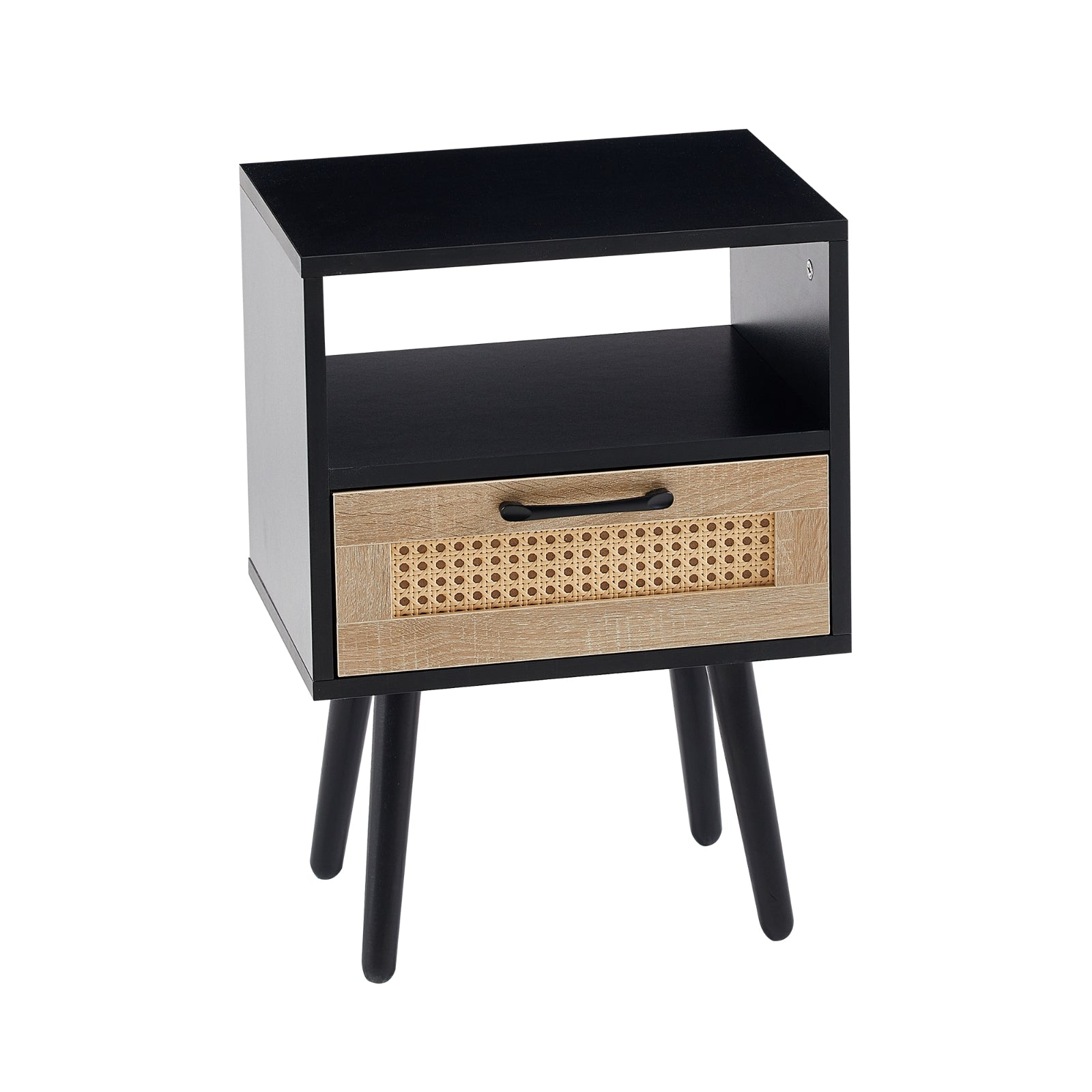 Black and wood nightstand with a drawer on a white background