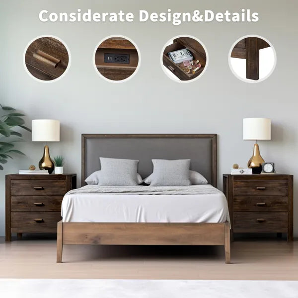 Bedroom with wooden bed and nightstands, featuring considerate design and details.