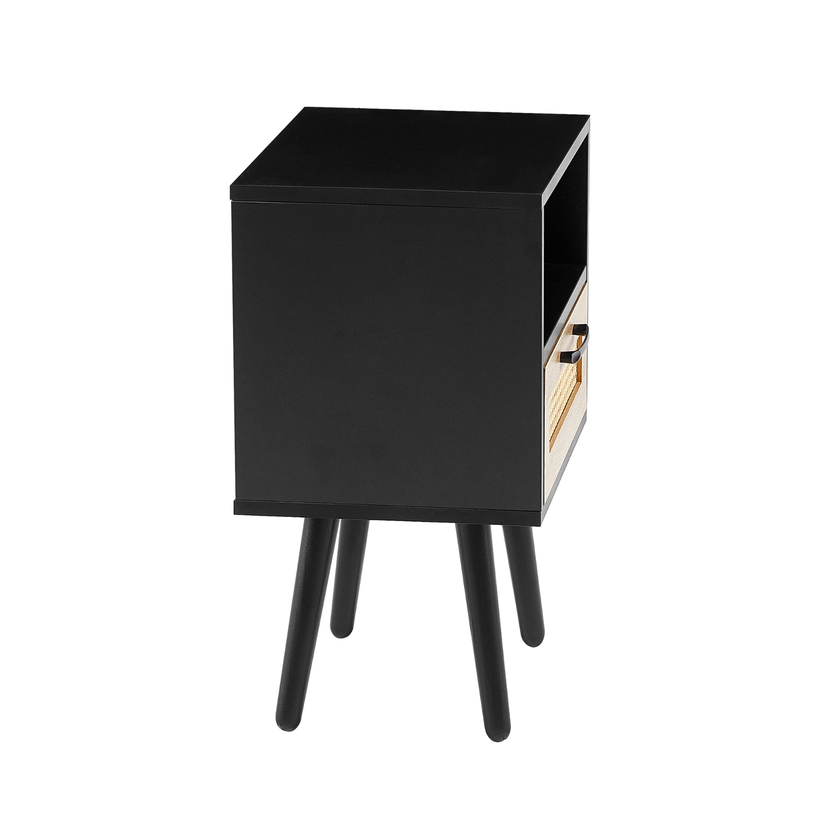 Black nightstand with wooden accents on a white background