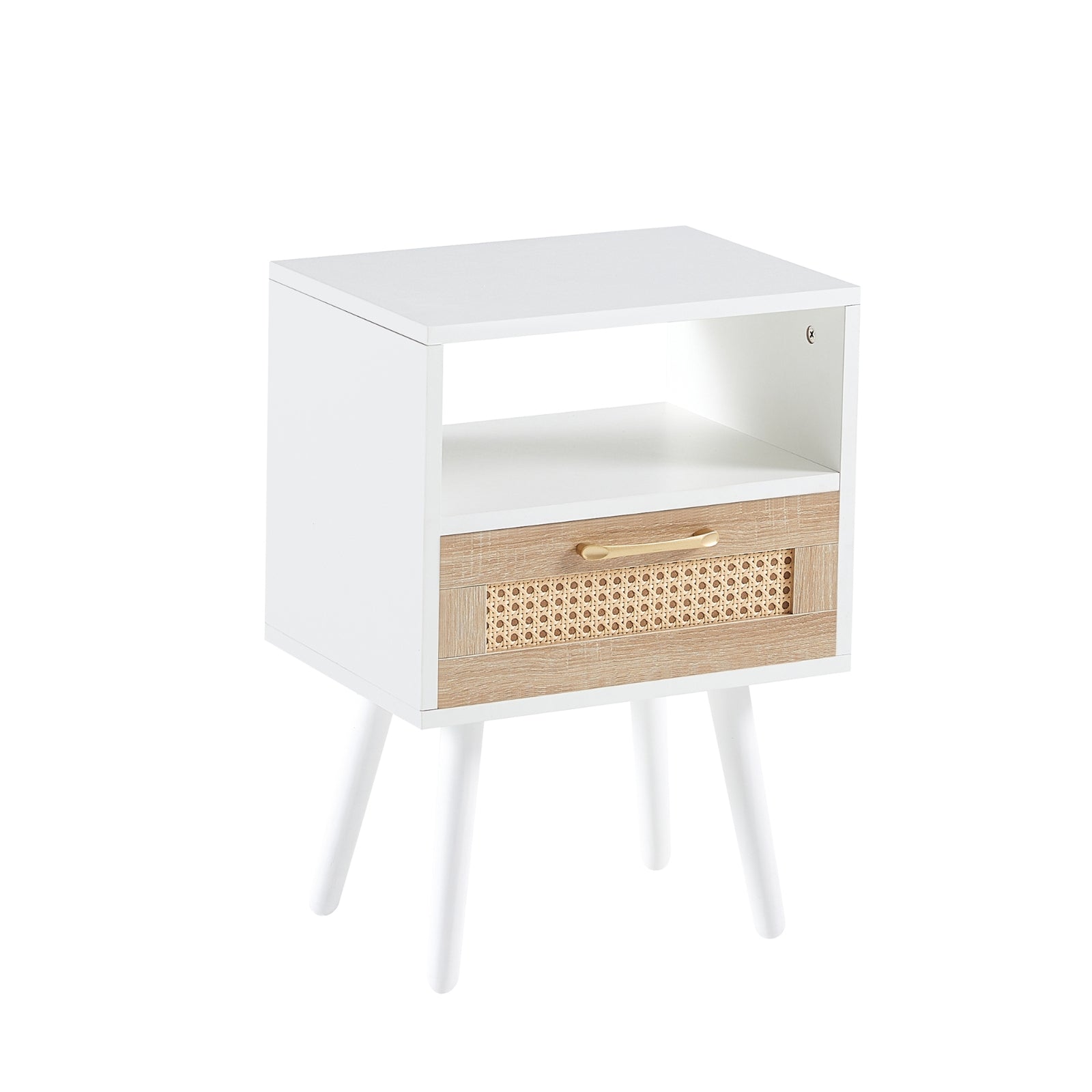 White nightstand with a wooden drawer on a white background