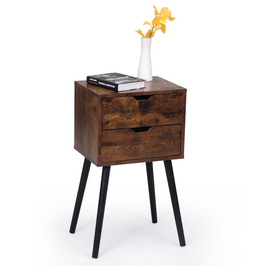 Wooden side table with two drawers, black legs, and a vase with yellow flowers on a white background