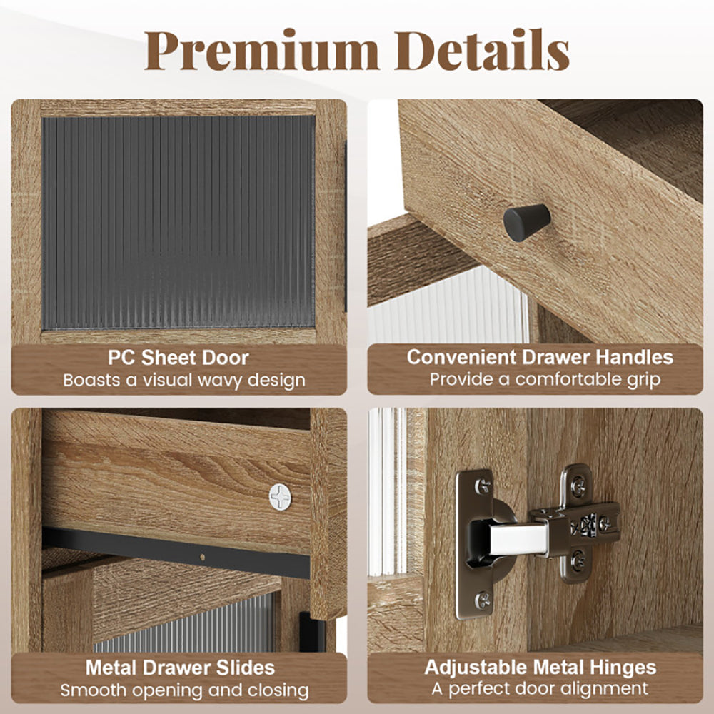 Wooden furniture with labeled features including a sheet door, drawer handles, slides, and hinges.