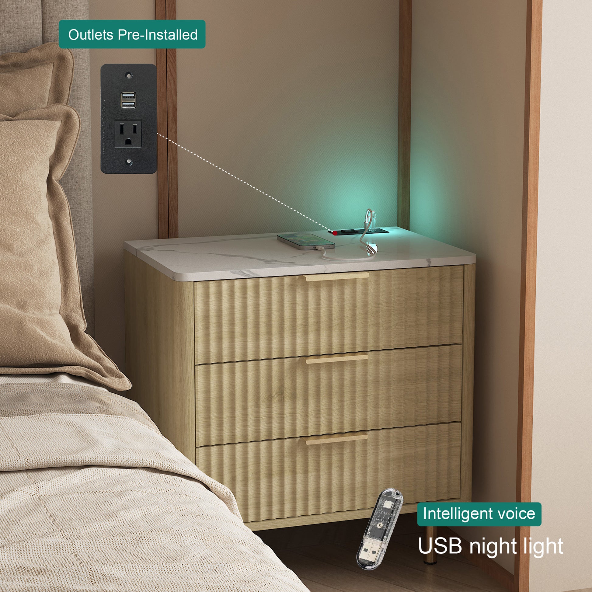Beige nightstand with USB night light, outlets pre-installed, and remote control in a bedroom setting.