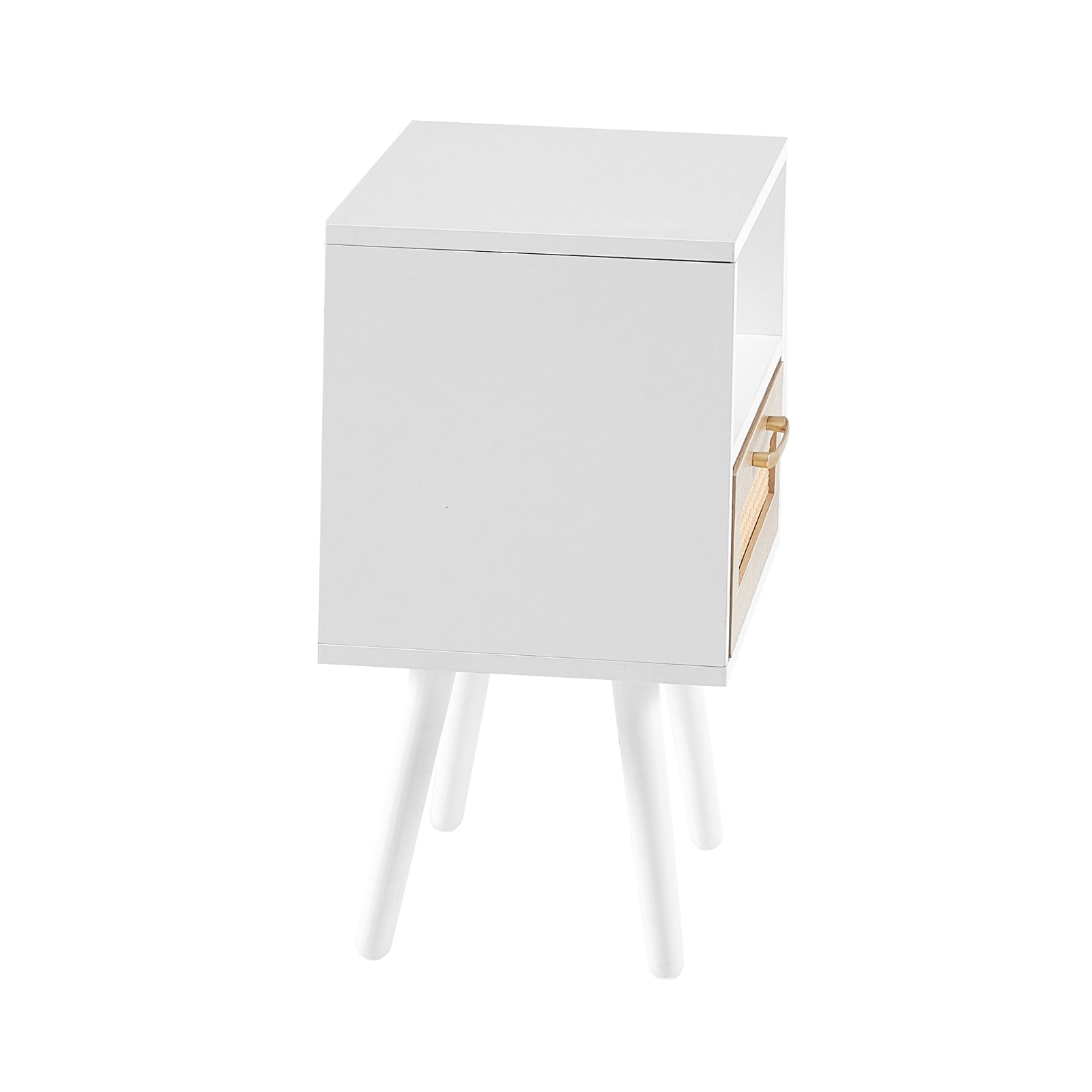 White side table with a gold handle on a white background