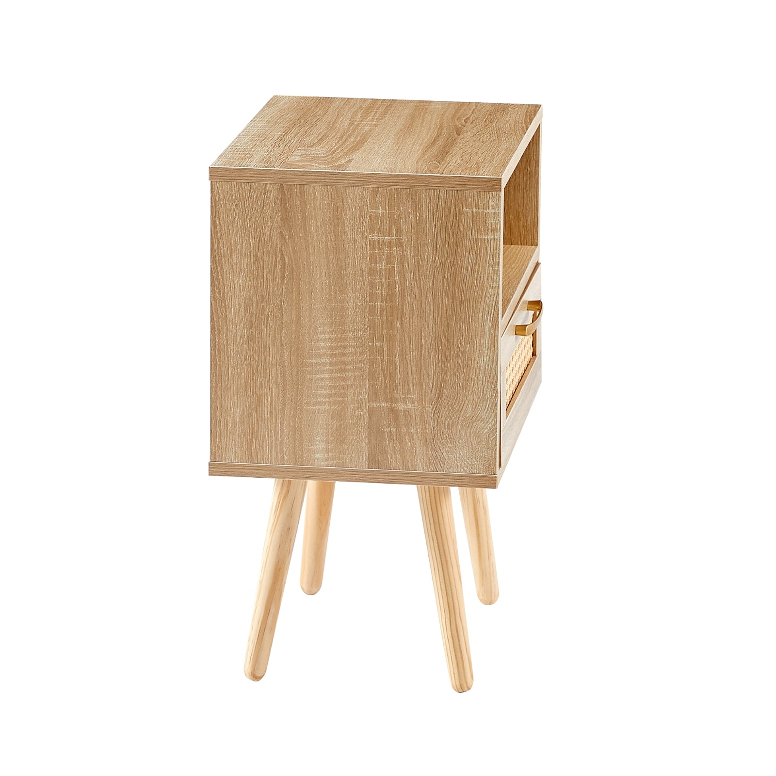 Wooden side table with a single drawer on a white background