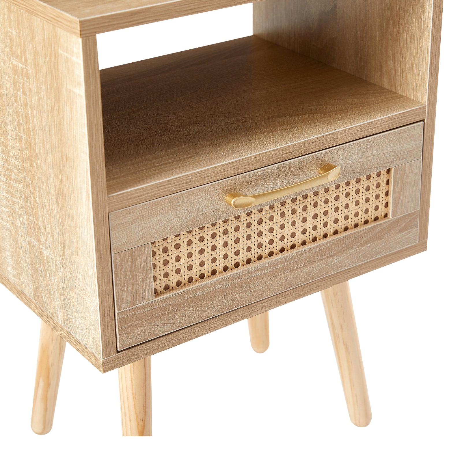 Wooden side table with a drawer featuring a wicker panel and gold handle on a white background