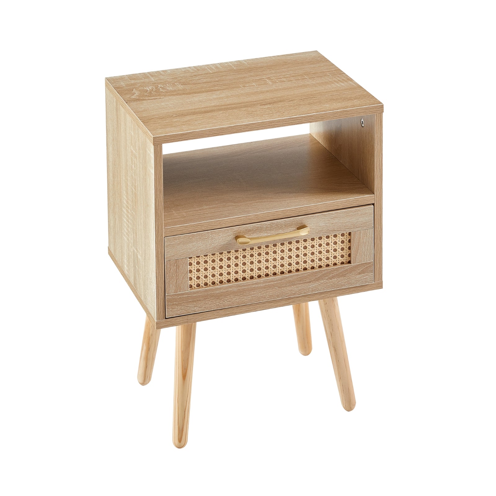 Wooden side table with a drawer featuring a wicker texture on a white background