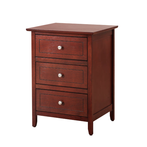 Wooden nightstand with three drawers on a white background