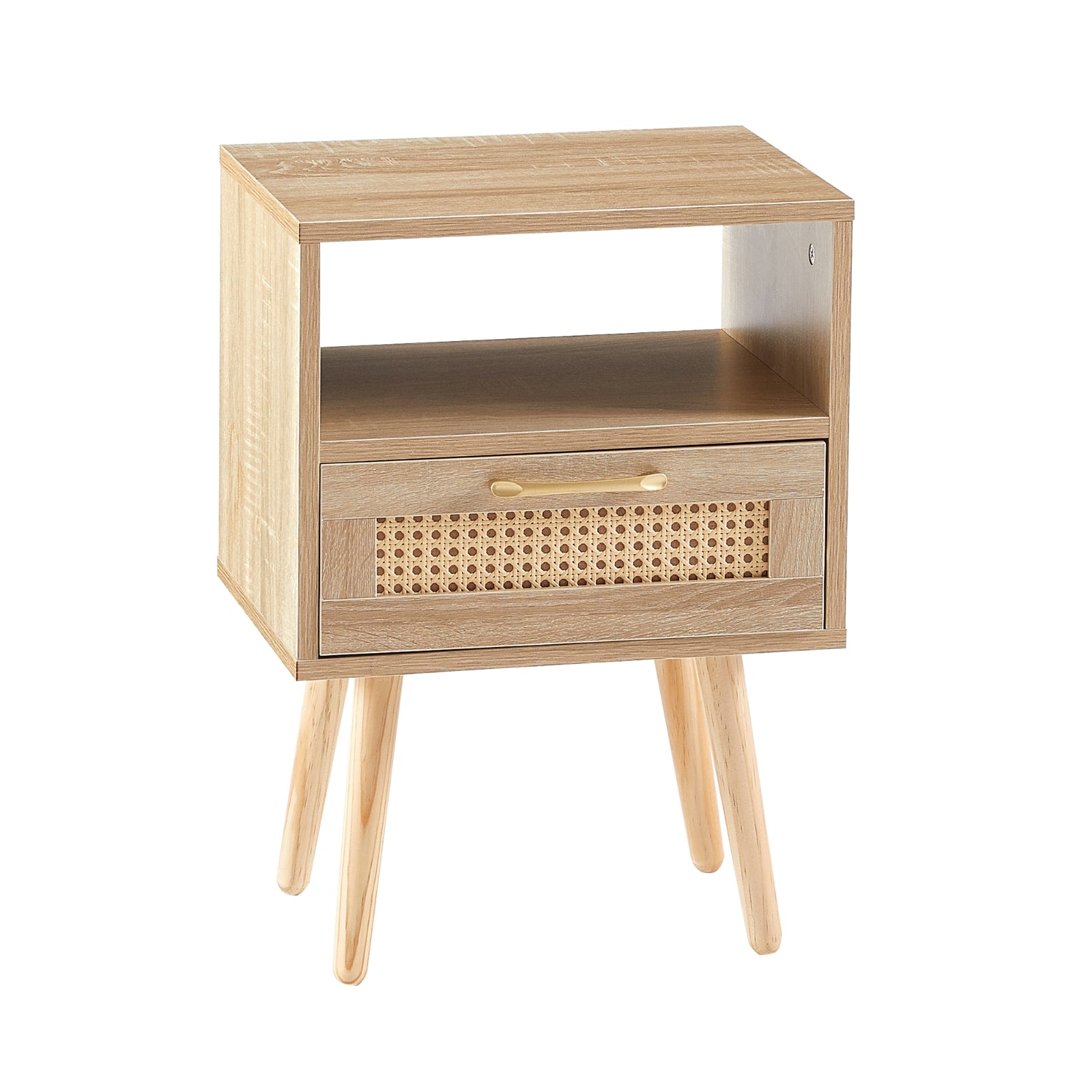 Wooden side table with a drawer and woven design on a white background