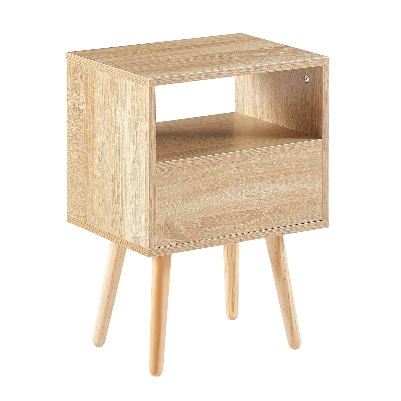 Wooden side table with a drawer on a white background
