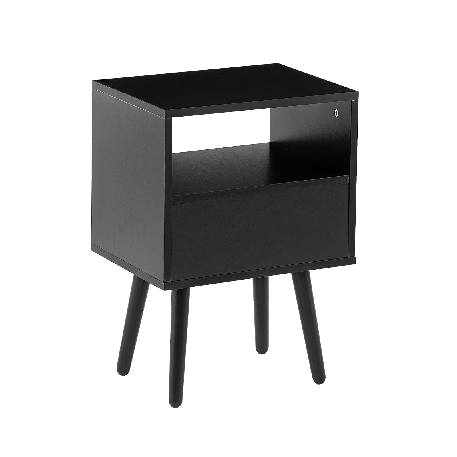 Black side table with a shelf on a white background
