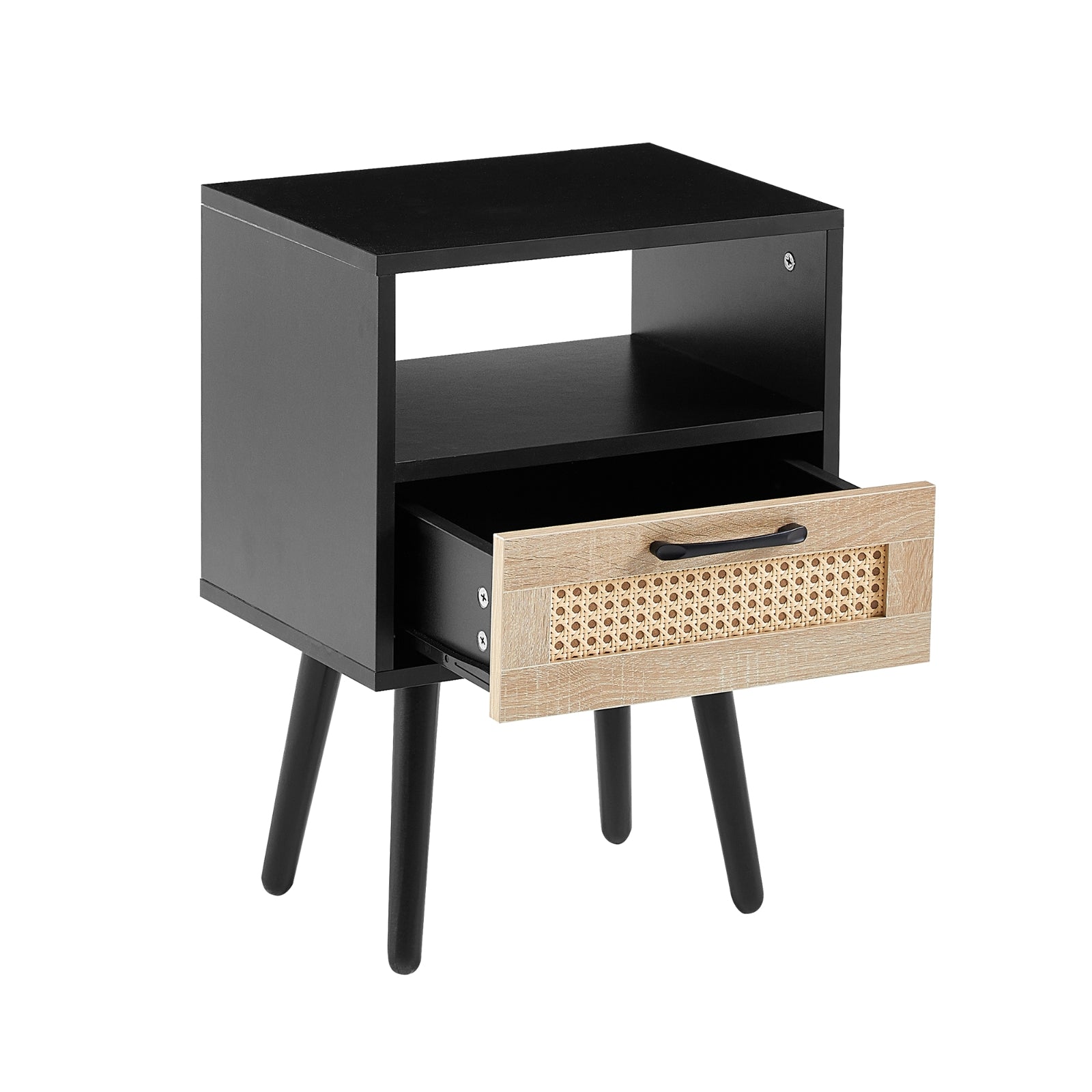 Black nightstand with a wooden drawer on a white background